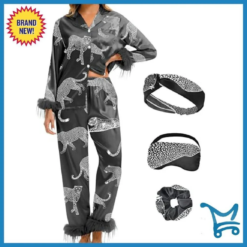 Silk Satin Pajama Set with Feather Trim Long Sleeve Pocket Sleepwear